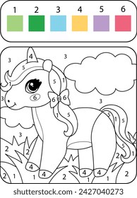 Beautiful coloring page for children. Cute magical unicorn pony horse. coloring page by numbers