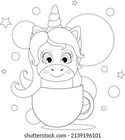 Beautiful coloring page. A cute and cheerful unicorn sits in a cup