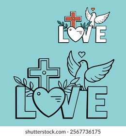 

A beautiful coloring page featuring a dove symbolizing peace, intertwined with a cross representing faith and love, surrounded by delicate patterns for a serene design.