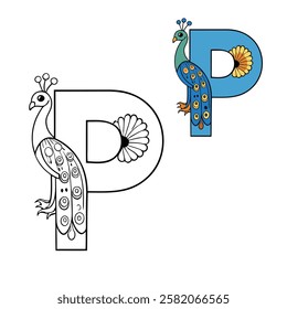 A beautiful coloring page featuring the letter "P" shaped by a vibrant peacock, with intricate feathers fanning out in a colorful, detailed design. Perfect for creative minds!