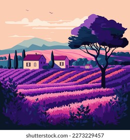 Hermosos colores en los campos de lavanda púrpura Provenza en Francia. Ilustración vectorial.