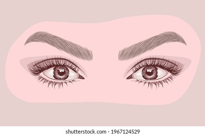 Beautiful coloured eyes on abstract background. Template for social media, salon, business cards, projects. Detailed vector illustration of eyebrow and eyelashes