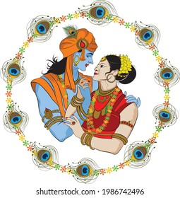 Schönes, farbiges Vektorbild von Ehepaaren, indischer Gott und Göttin in traditionellem Kleid, Radha und Krishna stehen zusammen