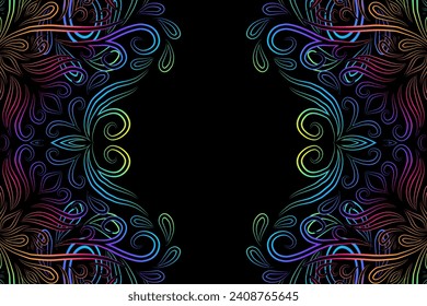 Hermoso marco colorido gradiente flores línea patrón de arte de la cultura indonesia tradicional tenun batik étnico adorno de dayak 