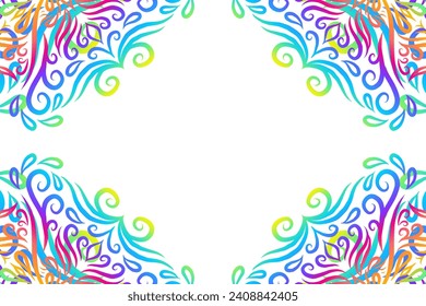 Beautiful colourful frame gradient flowers line art pattern of indonesian culture traditional tenun batik ethnic dayak ornament