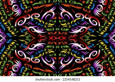 Beautiful colourful gradient flowers line art of traditional abstract symbol batik dayak ornament design template elements