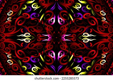 Beautiful colourful gradient flowers line art of traditional abstract symbol batik dayak ornament design template elements