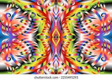 Beautiful colourful gradient flowers line art of traditional abstract symbol batik dayak ornament design template elements