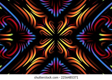 Beautiful colourful gradient flowers line art of traditional abstract symbol batik dayak ornament design template elements