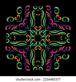 Beautiful colourful gradient flowers line art of traditional abstract symbol batik dayak ornament design template elements

