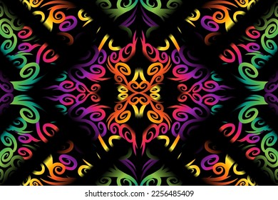 Beautiful colourful gradient flowers line art of traditional abstract symbol batik dayak ornament design template elements