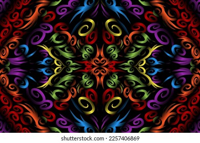Beautiful colourful gradient flowers line art of traditional abstract symbol batik dayak ornament design template elements
