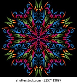 Beautiful colourful gradient flowers line art of traditional abstract symbol batik dayak ornament design template elements