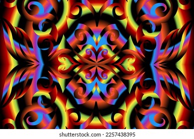 Beautiful colourful gradient flowers line art of traditional abstract symbol batik dayak ornament design template elements
