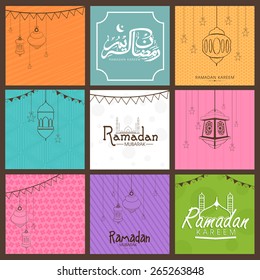 Beautiful, colourful greeting card set for Islamic holy month of prayers, Ramadan Kareem.