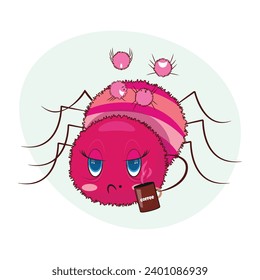 Beautiful colourful portrait of a pink mother spider and her children jumping on her. Motherhood, morning, parent concept illustration .