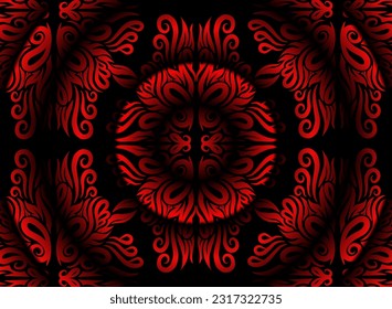 Beautiful colourful red flowers line art pattern gradient batik dayak ornament design template elements background 