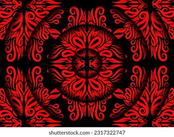 Beautiful colourful red flowers line art pattern gradient batik dayak ornament design template elements background 