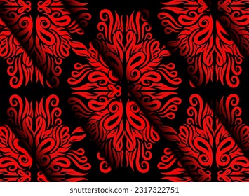 Beautiful colourful red flowers line art pattern gradient batik dayak ornament design template elements background 