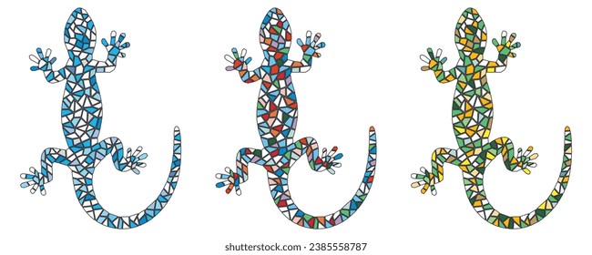 Bonito conjunto colorido de lagartos de mosaico aislados en un fondo blanco. Ilustración del vector