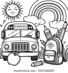 a beautiful colouring book page school bus with school bag pancil sun and rainbow ready for colours 