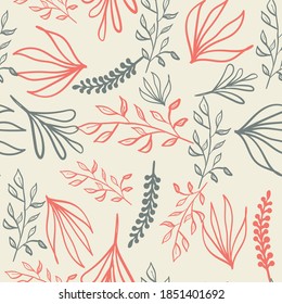 Beautiful combination of muted colors in seamless background with leaves and braches and other botanical elements 