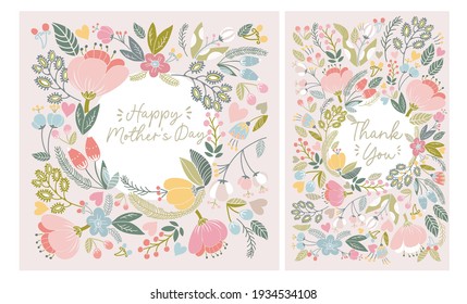 Beautiful combo  of greeting cards "Happy mother's day" and "Than you". Bright illustrations, can be used as creating card, invitation card for wedding, birthday and other holidays.