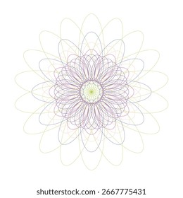 Un hermoso y complejo patrón de mandala geométrico con círculos concéntricos y simetría, creando un diseño abstracto y artístico aislado sobre un fondo blanco.