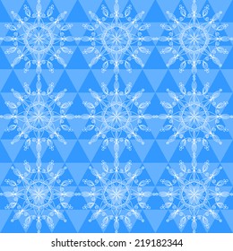 Beautiful complex snowflakes, vector seamless pattern on geometric background