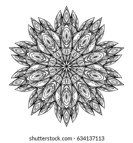 Beautiful complicated mandala. Ethnic graphic element. Can be used as a coloring, printing on t-shirts, postcards, or used as ideas for tattoos.