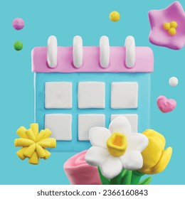 Beautiful composition with 3D plasticine calendar and spring flowers. Vector 3d render planner from dough or clay texture. Creation modeling, handmade craft sculpting. Nice decoration floral design