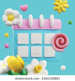 Beautiful composition with 3D plasticine calendar and spring flowers, pink curl and heart. Vector 3d render planner from dough or clay texture. Nice decoration floral design, craft sculpting creation