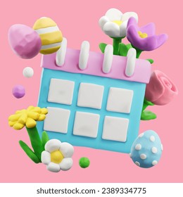 Beautiful composition with 3D plasticine calendar, spring flowers and painted Easter eggs. Vector 3d render Happy Easter holiday design from dough or clay texture. Craft sculpting spring creation