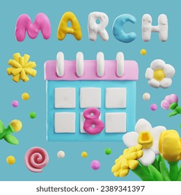 Beautiful composition with 3D plasticine calendar with 8 march and spring flowers. Vector 3d render decoration Happy Womens day holiday design from dough or clay texture