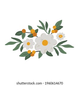 Beautiful composition of blooming flowers. A composition of various flowers, twigs and leaves isolated on a white background. Flat vector illustration of flowers. Wedding Flower Decor, Scrapbooking.