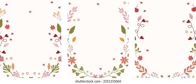 A beautiful composition with bright flowers, leaves and stars all around. The concept of a holiday, rest. Bright illustrations for greeting cards, invitations to weddings, birthdays, etc. Vector.