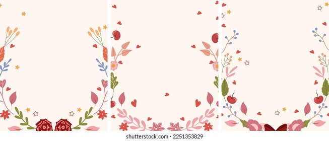 A beautiful composition with bright flowers, leaves and stars all around. The concept of a holiday, rest. Bright illustrations for greeting cards, invitations to weddings, birthdays, etc. Vector.