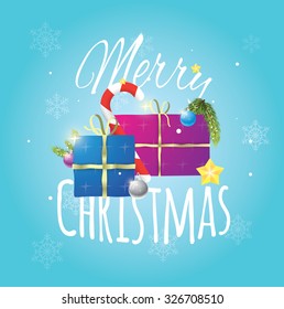 Beautiful composition of christmas items on blue snowy background.