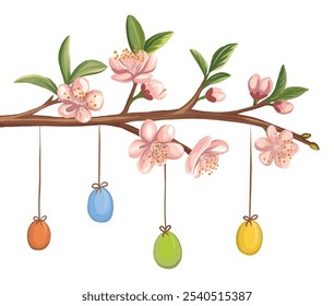A beautiful composition featuring a branch adorned with vibrant flowers and colorful Easter eggs, perfect for spring-themed designs, holiday decorations, and festive greetings.