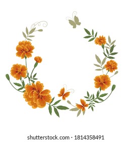 Beautiful composition of marigolds in the form of a circle complemented by leaves and twigs on a white background