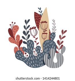 beautiful composition of plants, leaves and flowers, cactus and grass