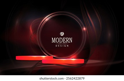 A beautiful composition with a red podium, a golden round frame and wavy ribbons.