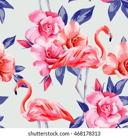 Beautiful composition of rose and pink flamingos hand drawn watercolor. Seamless floral vector pattern on pale light blue background. Fashion wallpaper with flowers, leaves and bird