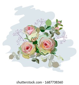 Hermosa composición con rosas sobre un fondo ligeramente azul