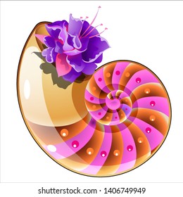 Beautiful composition of seashell and flower isolated on white background. Vector cartoon close-up illustration.