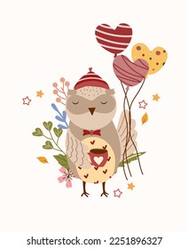 A beautiful composition with a sleepy owl holding a cup and balloons. Bright illustrations for thank you cards, birthdays, posters, banners, etc. Vector.