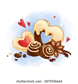 A beautiful composition of sweets, candies and cookies. Heart shaped pastry baked goods. Valentine's day, watercolor background.