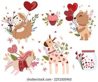 Beautiful compositions with bright flowers and leaves, a bear holding balloons, a cute unicorn, giraffe, a sheep. Bright illustrations for greeting cards, posters, banners, etc. Vector.