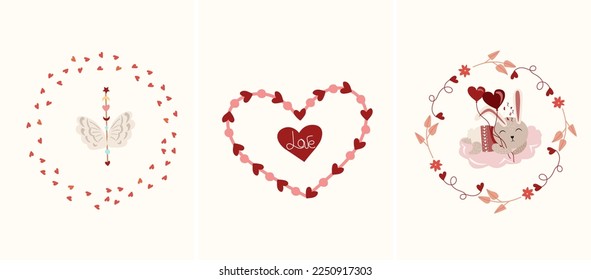 Beautiful compositions with flower wreaths and a cute rabbit sleeping on a cloud, boho wings, and a heart. Bright illustrations for greeting cards, posters, banners. Vector.