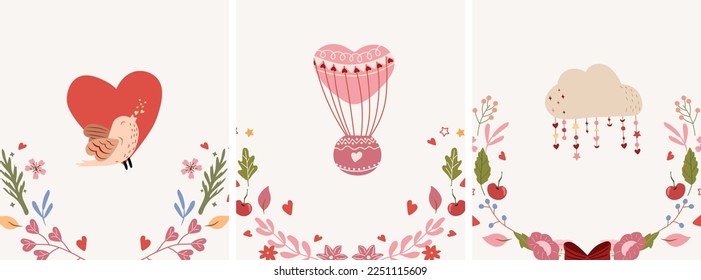 Beautiful compositions with flower wreaths, a singing bird, a air ballon, a cloud. Bright illustrations for greeting cards, posters, banners, invitations to weddings, birthdays, etc. vector.